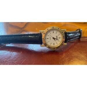 Women's 27mm Gold Tone America Perry Ellis Watch with Black Leather Band